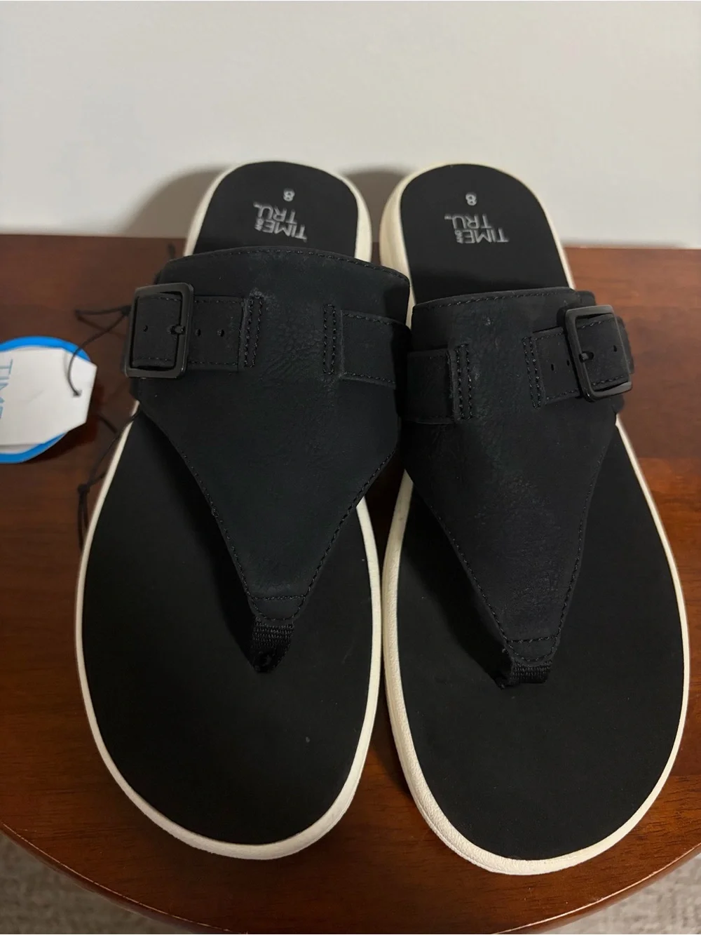 Time and Tru Black Women’s Thong Sandals with White-Trim Sole